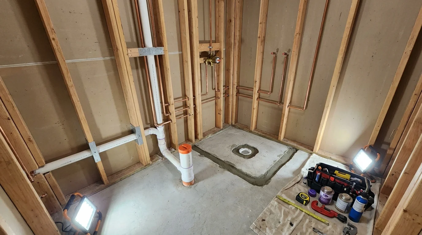 Bathroom rough-in plumbing during remodel by Johns Plumbing LLC in Shakopee