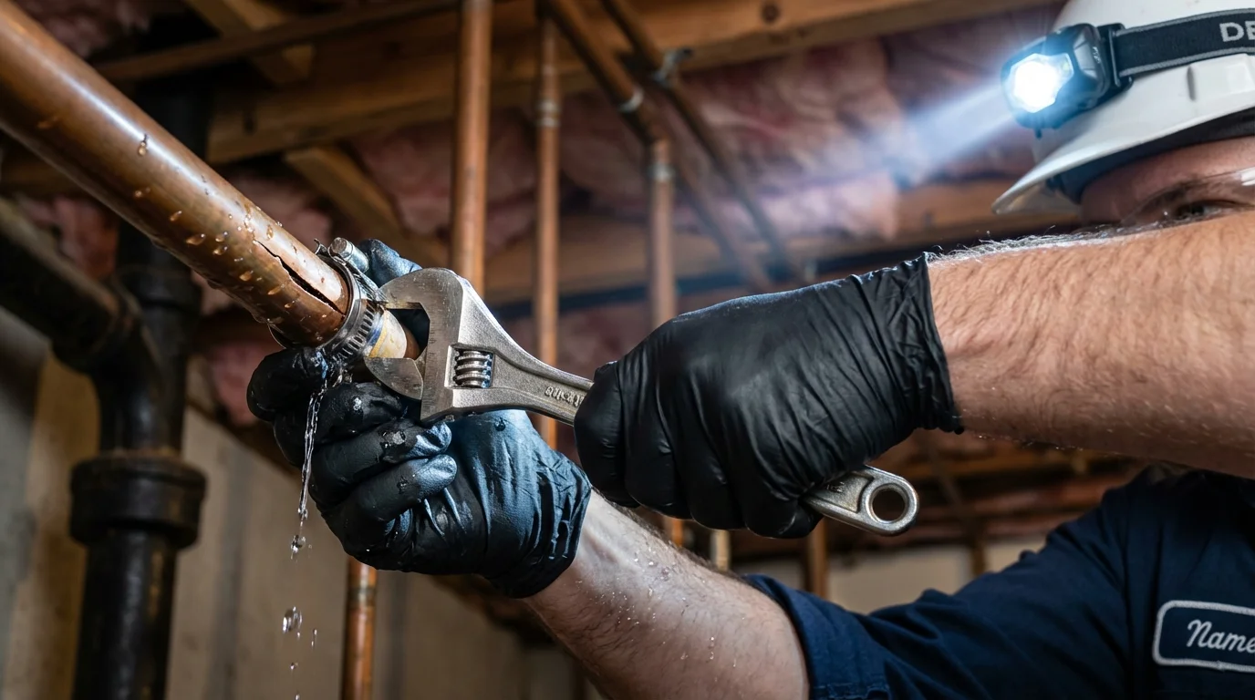 Emergency pipe clamp repair being performed by a Johns Plumbing LLC plumber in Shakopee