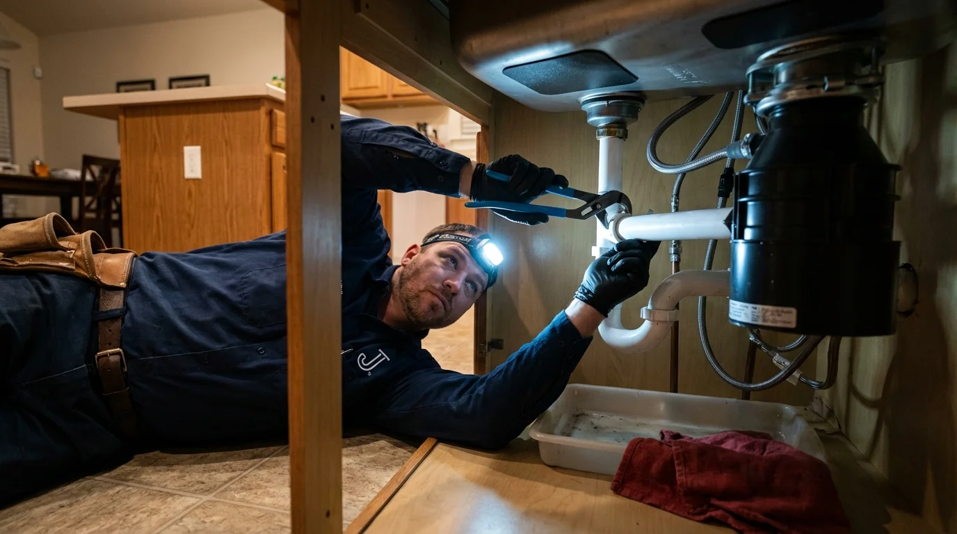 P-trap and supply line connections under a kitchen sink showing a common leak point in Shakopee, MN